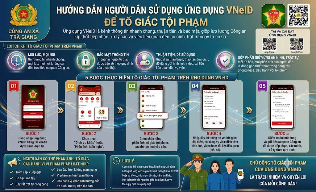 Công an xã Trà Giang hướng dẫn người dân sử dụng ứng dụng VNeID để tố giác tội phạm