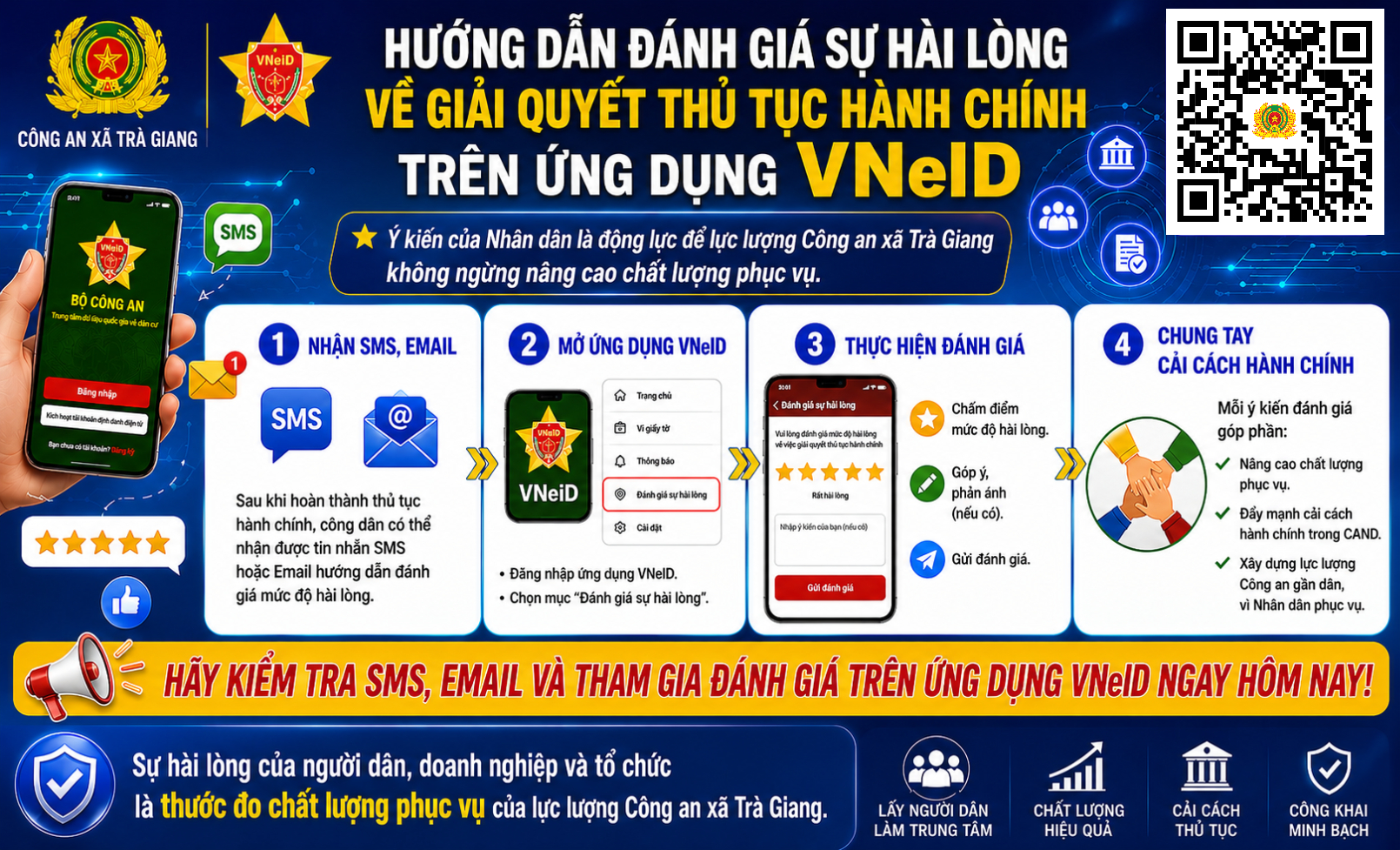 Công an xã Trà Giang hướng dẫn người dân đánh giá sự hài lòng về giải quyết thủ tục hành chính trên ứng dụng VNeID