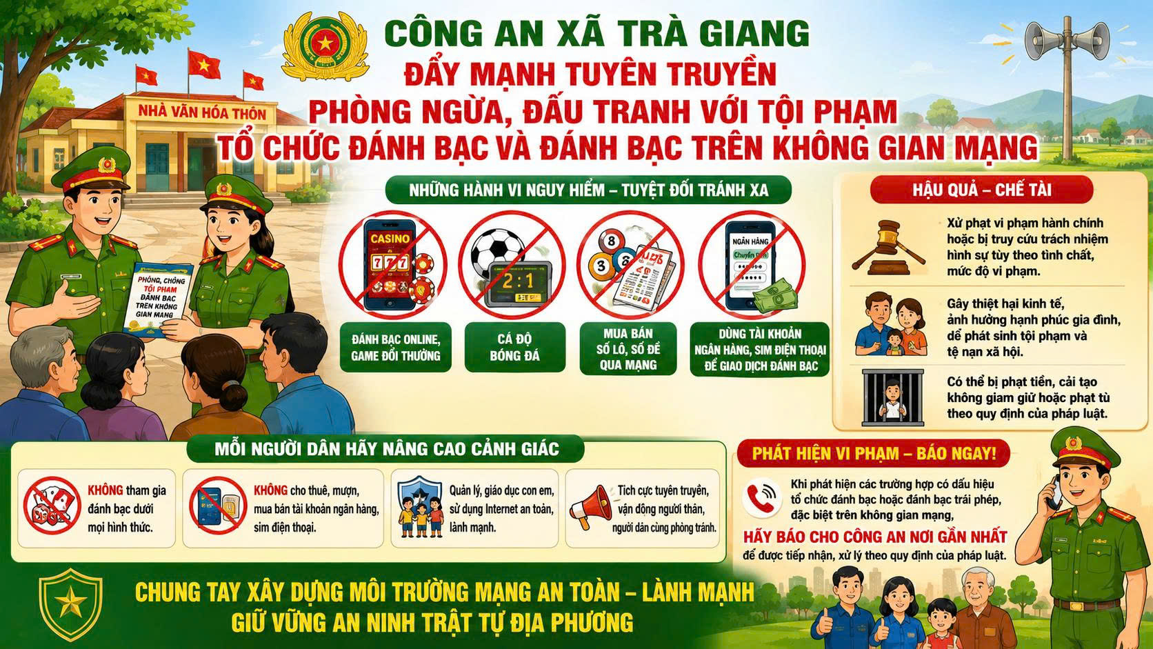 Công an xã Trà Giang đẩy mạnh tuyên truyền phòng ngừa, đấu tranh với tội phạm tổ chức đánh bạc và đánh bạc trên không gian mạng